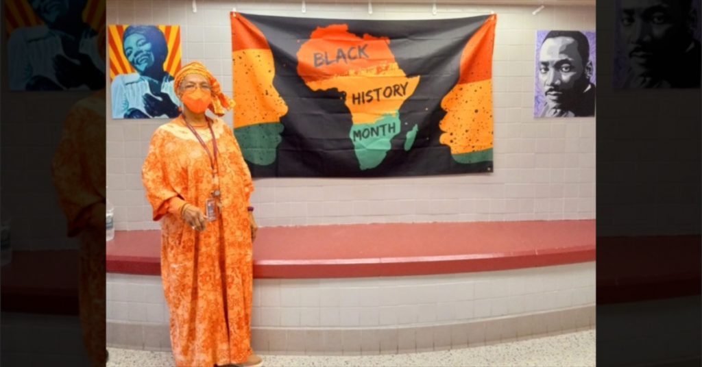 Deborah Pair Chandler wearing African-inspired wardrobes during the month of February in recognition of Black History Month