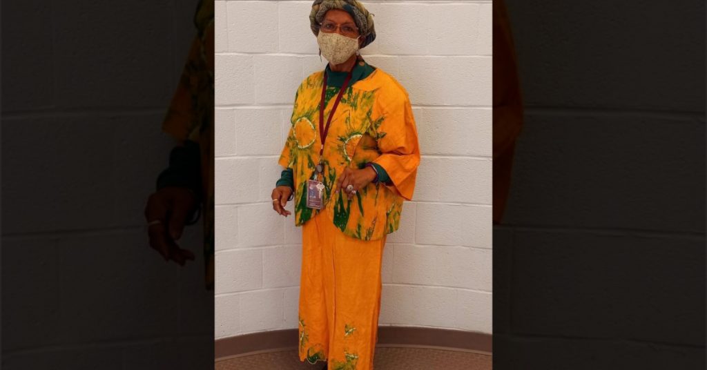 Deborah Pair Chandler wearing African-inspired wardrobes during the month of February in recognition of Black History Month