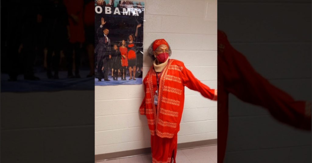 Deborah Pair Chandler wearing African-inspired wardrobes during the month of February in recognition of Black History Month