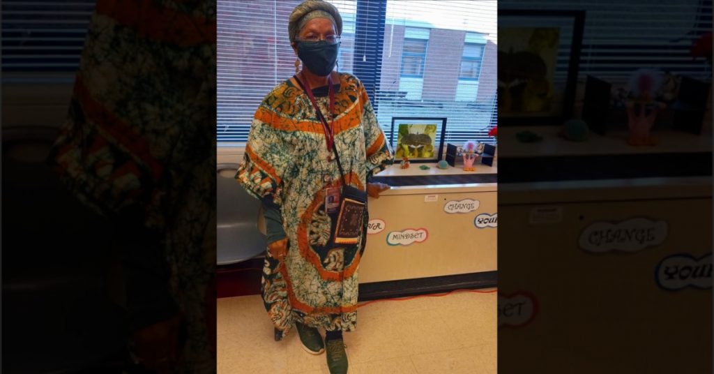 Deborah Pair Chandler wearing African-inspired wardrobes during the month of February in recognition of Black History Month