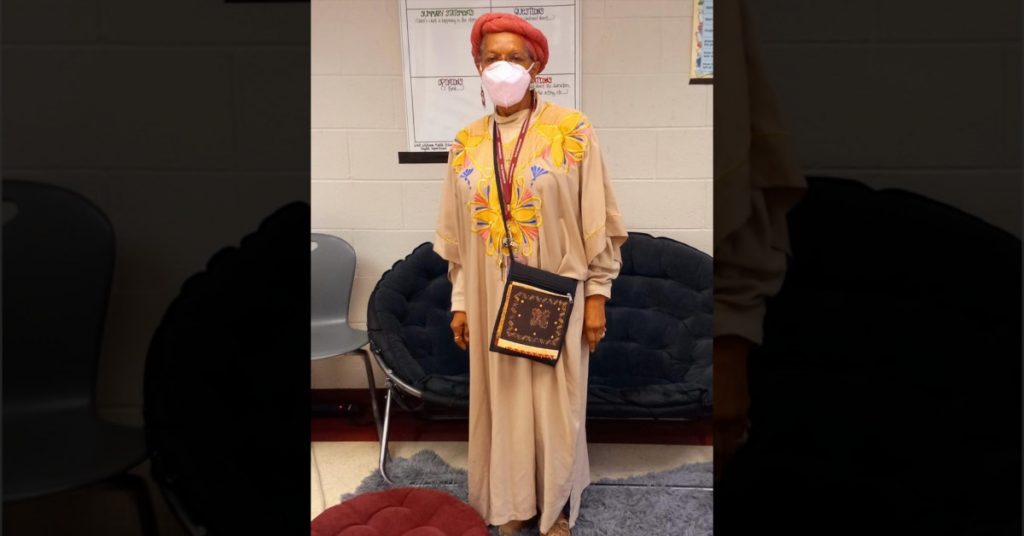 Deborah Pair Chandler wearing African-inspired wardrobes during the month of February in recognition of Black History Month