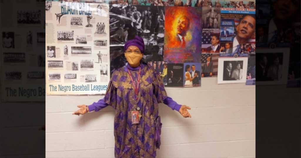 Deborah Pair Chandler wearing African-inspired wardrobes during the month of February in recognition of Black History Month