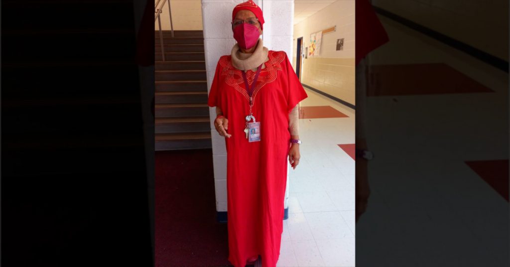 Deborah Pair Chandler wearing African-inspired wardrobes during the month of February in recognition of Black History Month