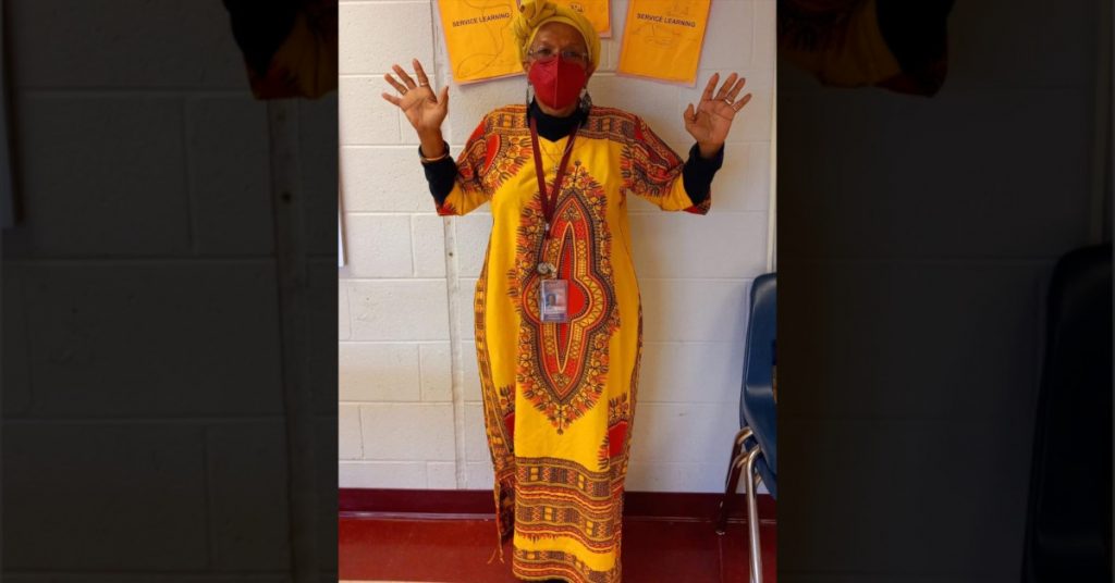 Deborah Pair Chandler wearing African-inspired wardrobes during the month of February in recognition of Black History Month