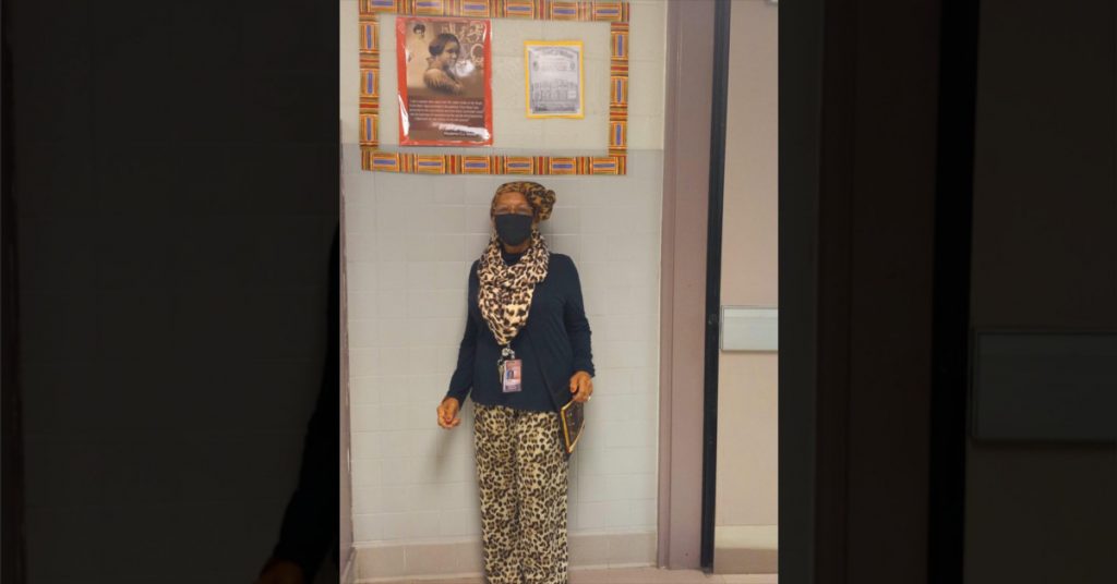 Deborah Pair Chandler wearing African-inspired wardrobes during the month of February in recognition of Black History Month