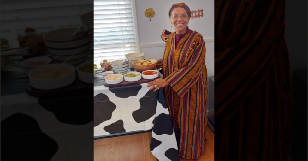 Deborah Pair Chandler wearing African-inspired wardrobes during the month of February in recognition of Black History Month