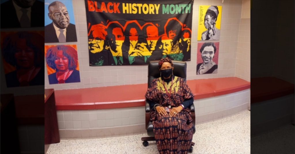 Deborah Pair Chandler wearing African-inspired wardrobes during the month of February in recognition of Black History Month